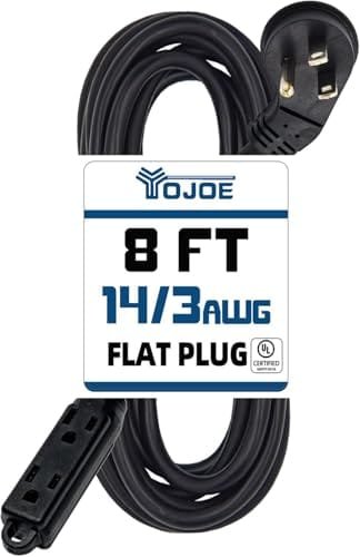 YOJOE 3-Outlets Flat Plug Indoor Extension Cord Outlet Extender, 3 Prong 8 ft 15A Power Strip, 14 Gauge Heavy Duty Black Extension Cord, 14/3 SJTW, UL Listed