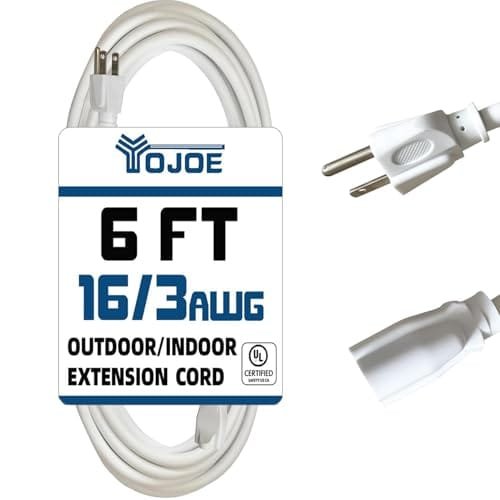 YOJOE Indoor Outdoor Extension Cord, 3 Prong 13A Weatherproof Power Cord, 16 Gauge Heavy Duty 6 ft White Extension Cord for Garage, Garden and Home, 16/3 SJTW UL Listed