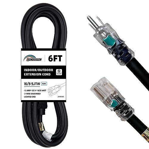 HONDERSON Indoor Outdoor Extension Cord Weatherproof with Lighted End, UL Listed, 16 Gauge 6FT Black 3 Prong Heavy Duty, 16/3 SJTW 13A Power Cord for Outdoor Lights, Lawn