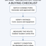 Checklist for matching generator cord connectors, verifying ratings, measuring the outdoor route and inspecting condition