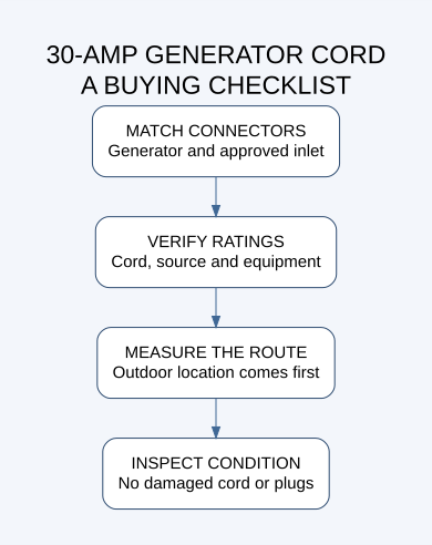 Checklist for matching generator cord connectors, verifying ratings, measuring the outdoor route and inspecting condition