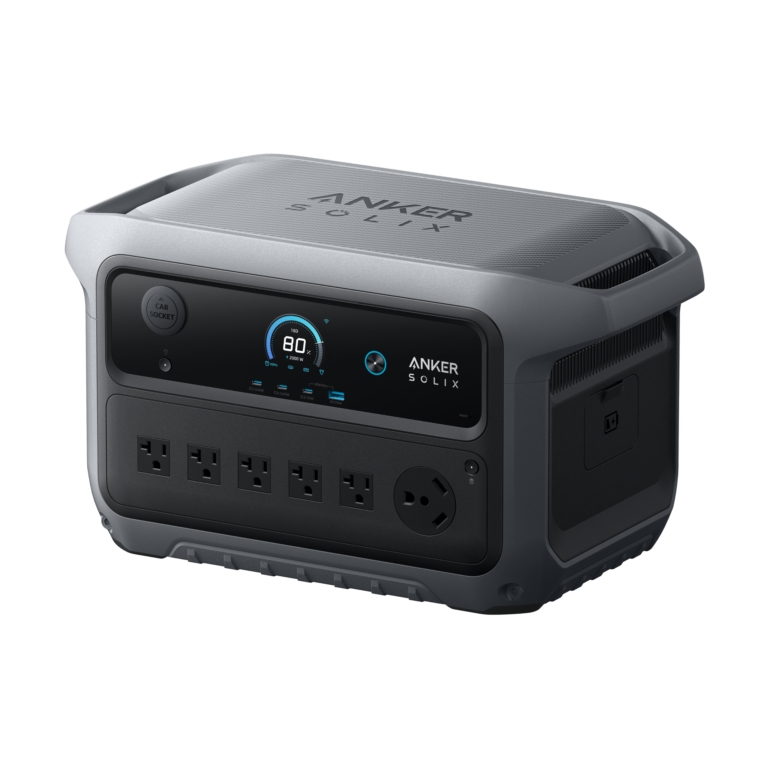 Anker SOLIX C2000 Gen 2 US power station showing its display and front output ports