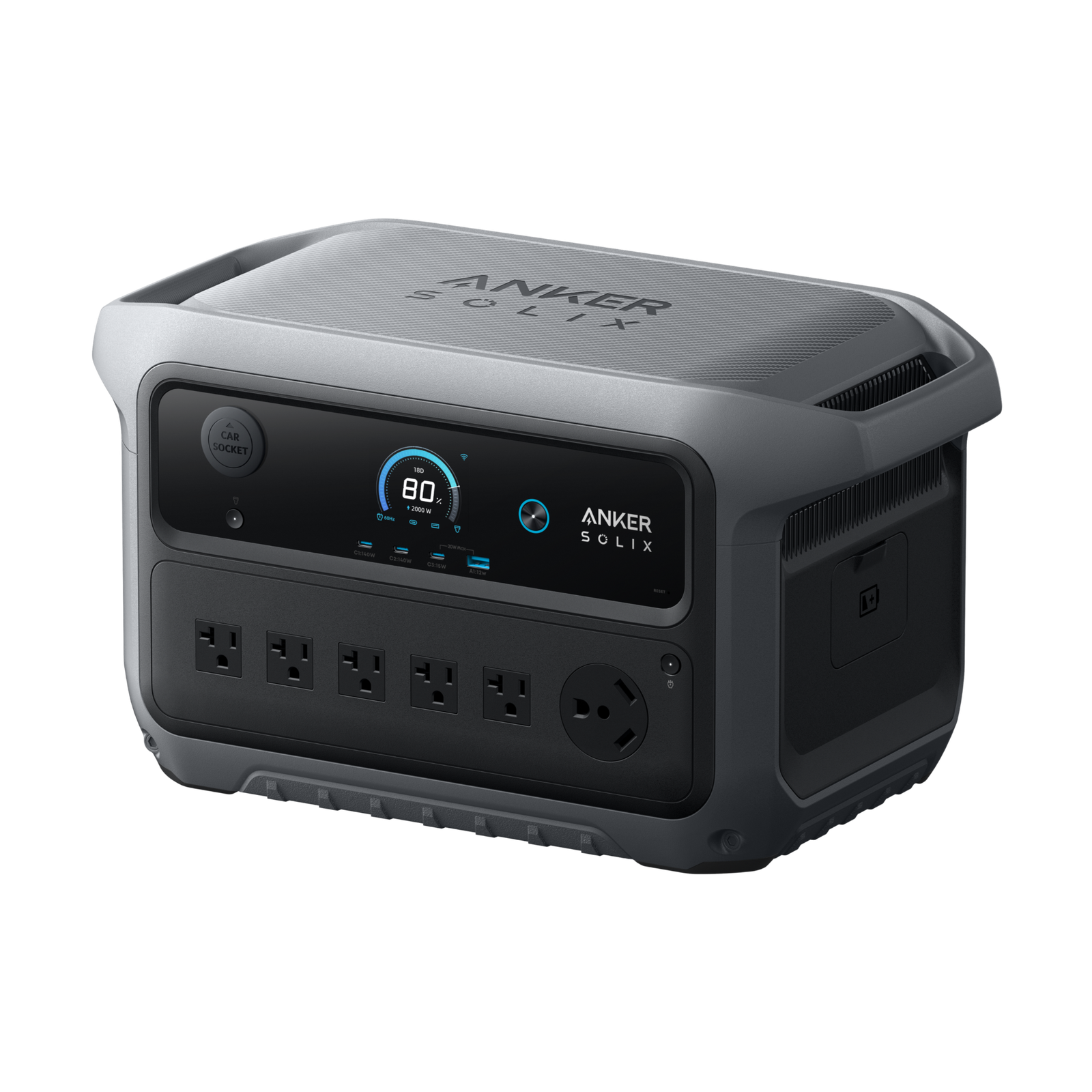 Anker SOLIX C2000 Gen 2 US power station showing its display and front output ports