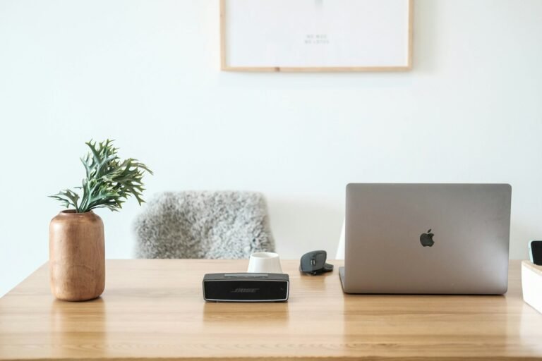 Home-office workspace illustrating small-device backup power planning; not a BLUETTI product photograph