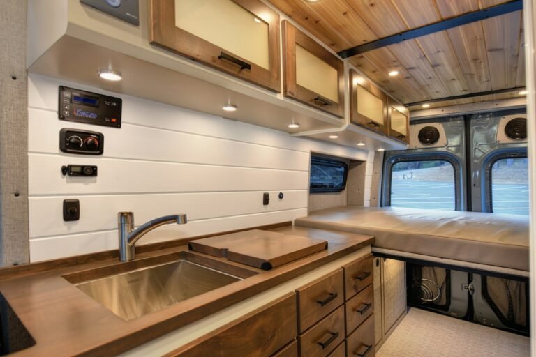 Camper van interior illustrating travel electricity and charging planning