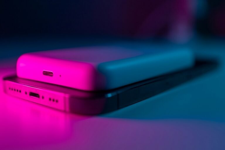 Compact portable battery pack resting on a smartphone under pink and blue light