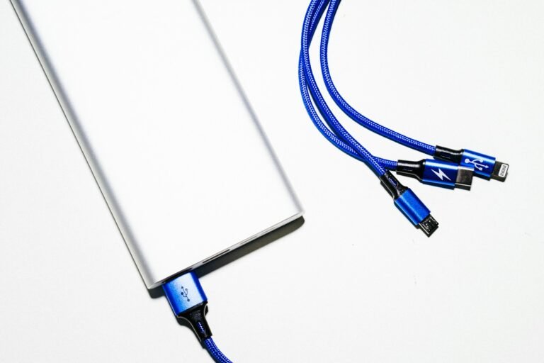 Silver power bank connected to a blue USB cable with several charging connectors