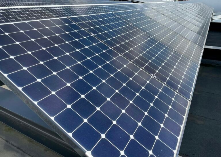 Several framed photovoltaic panels arranged in rows
